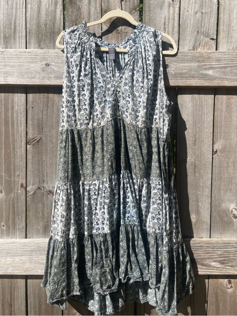 Chelsea & Theodore Olive and White Tiered Floral Midi Dress